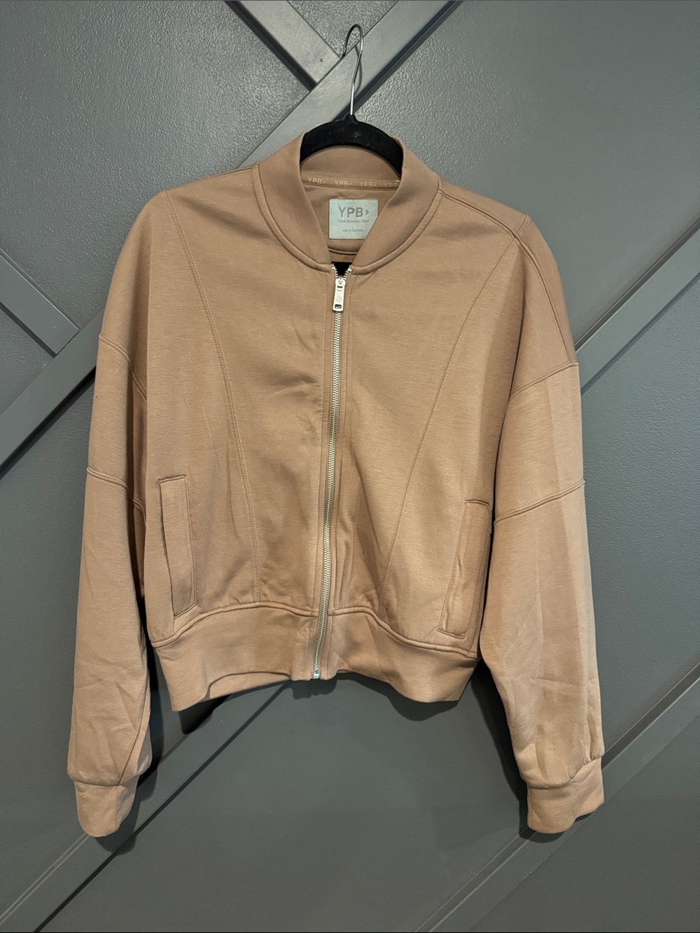 YPB Cropped Zip Bomber Jacket in Taupe